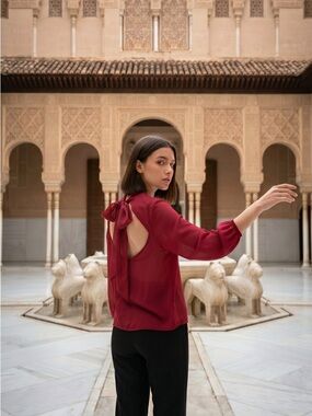 Elegant Open-Back Bow-Detail Blouse - Red